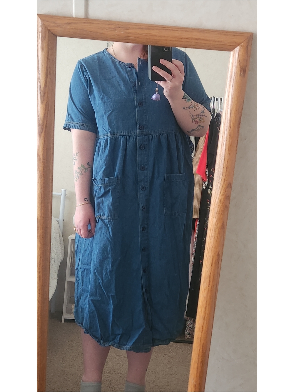 Vintage Woman Within Blue Denim Button-Front Dress with Pockets